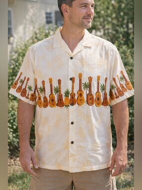 Vintage Large Hawaiian Shirt Ukulele Aloha Shirt Mens Cotton Royal Hawaiian